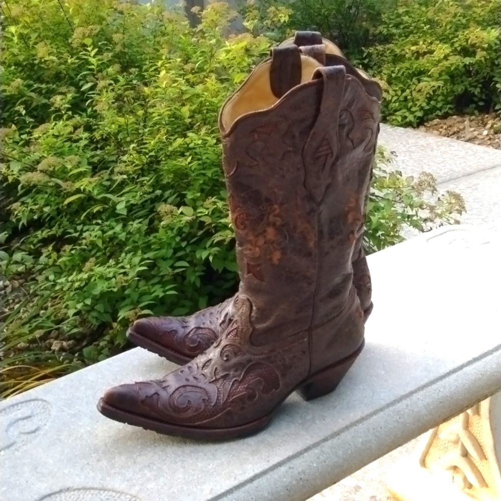 Corral Women's Lizard Inlay Western Cowgirl Boot Pointed Toe -brown, size 9.5